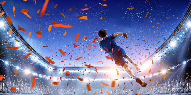 Ragazzo su uno stadio di calcio che celebra la vittoria. Tecnica mista