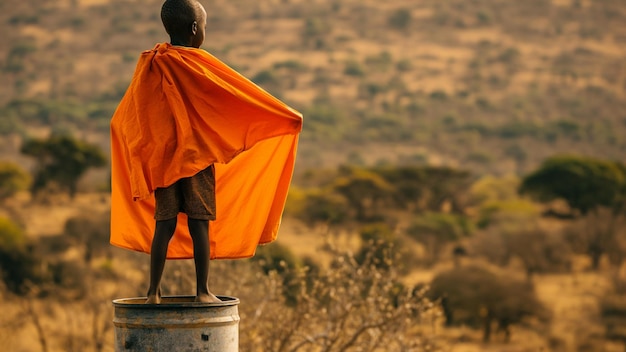 Ragazzo sudafricano con un berretto arancione in piedi su un bidone libertà vivo