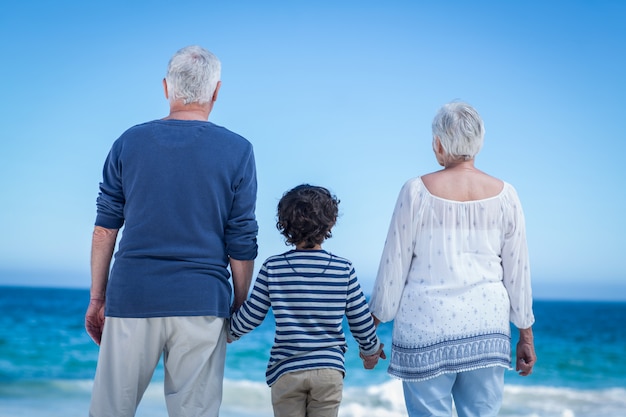 Ragazzo sveglio che tiene le sue mani dei nonni