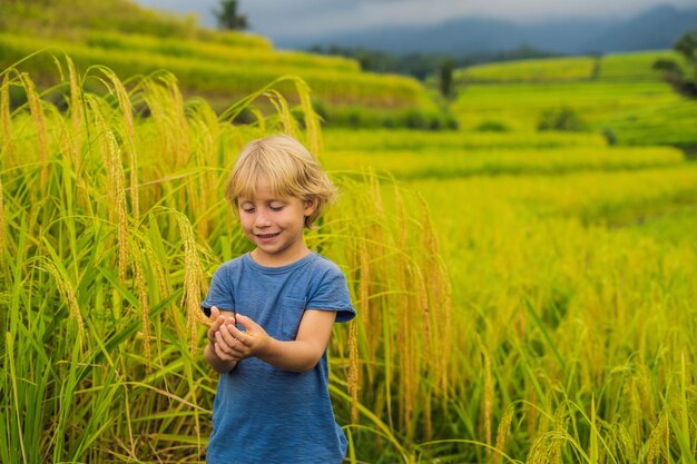 Ragazzo viaggiatore sulle bellissime terrazze di riso Jatiluwih sullo sfondo dei famosi vulcani di Bali, Indonesia Viaggiare con il concetto di bambini