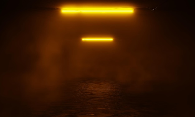 Raggi di luce al neon gialli nella camera oscura astratto sfondo scuro con luce al neon 3d rendering scena vuota con nebbia