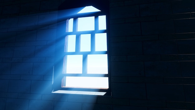 Raggi di luce sullo sfondo della finestra, rendering 3D