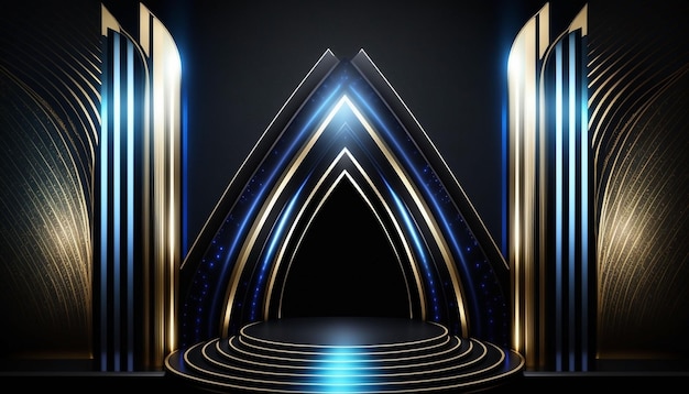 Raggi di luci dorate blu Palco Royal Awards Grafica Sfondo Spettacolo teatrale Piattaforma Elegante lustro Modello moderno Modello aziendale premium di lusso ricco