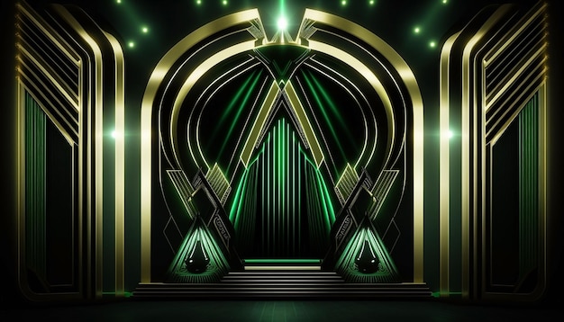 Raggi di luci dorate verdi Palco Royal Awards Grafica Sfondo Spettacolo teatrale Piattaforma Elegante splendore Modello moderno Modello aziendale premium di lusso ricco