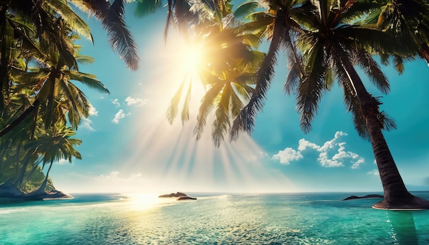 Raggi di sole all'interno dell'isola di palme da cocco sul tranquillo mare tropicale