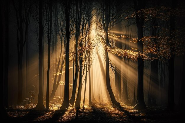Raggi di sole che brillano attraverso una foresta con il sole che splende attraverso gli alberi