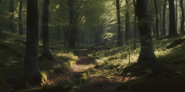 Raggi di sole nella foresta oscura Albero della foresta profonda Mattina nella foresta colorata con raggi di sole attraverso i rami degli alberi Bella foresta con vari alberi IA generativa