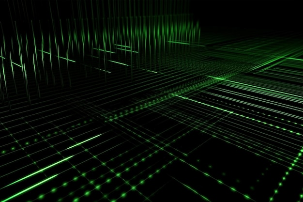 Raggi laser verdi al neon astratti su uno spettro ultravioletto di sfondo scuro IA generativa