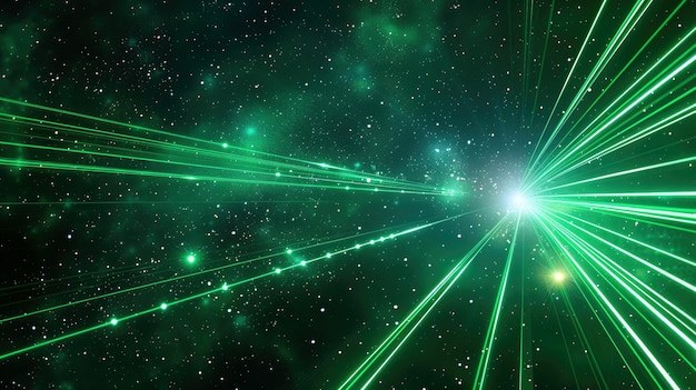 Raggi laser verdi nello spazio oscuro sulle stelle linee di sfondo di luce astratta di dati digitali concetto di tecnologia informatica modello futuro tecnologia dell'universo