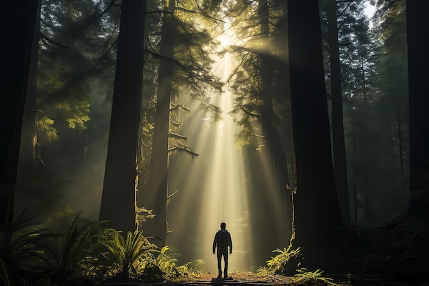raggio di luce ed escursionista nella foresta Immagine generata dall'intelligenza artificiale
