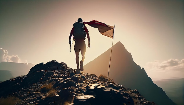 Raggiungere i tuoi obiettivi concetto alpinista che segue il percorso verso la bandiera in cima alla montagna IA generativa