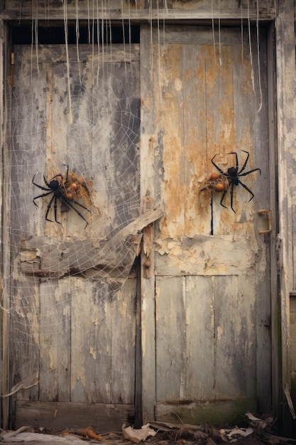 Ragni e ragnatele su una porta di legno vintage creata con l'IA generativa