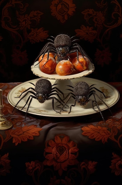 ragni su un piatto da portata nello stile di parodie e pastiches di cibo di Halloween