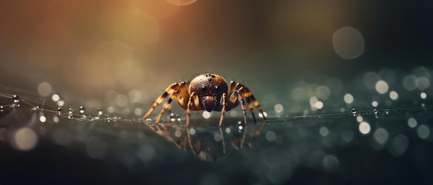 Ragno sulla sua ragnatela con piccole gocce di rugiada IA generativa