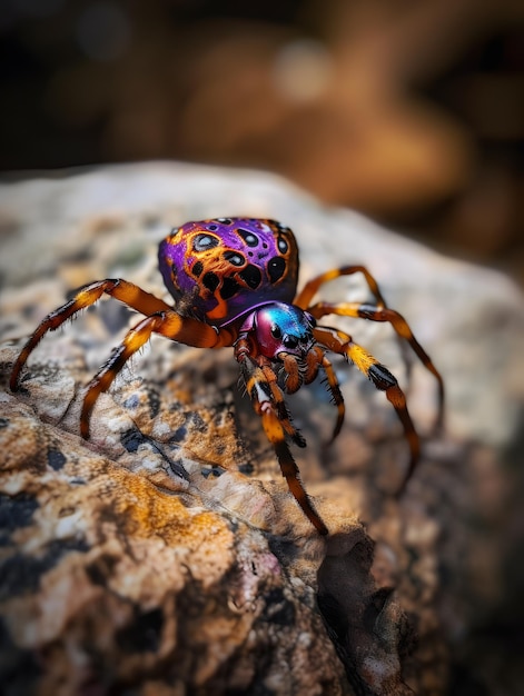 Ragno tarantola colorato seduto sui rami di un albero foto macro generazione AI