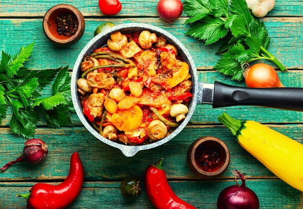 Ragù di carne con funghi, zucchine, pomodoro e patate. Spezzatino di carne fatto in casa in casseruola