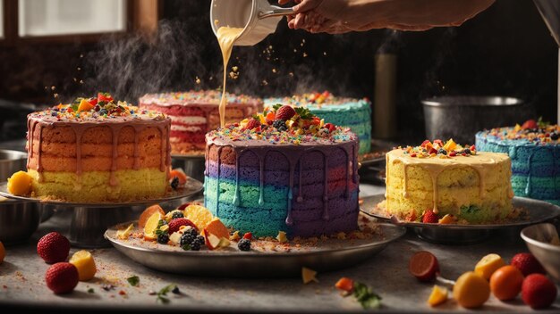 Rainbow Cake cattura scatti dinamici di ingredienti che si uniscono la pasta che viene versata in padelle e