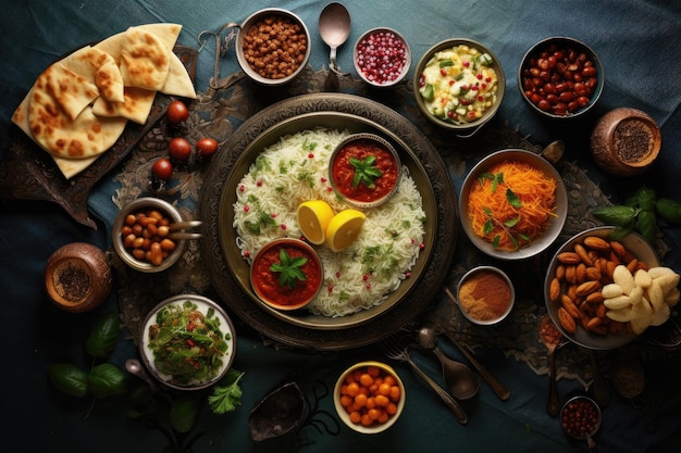 Rajasthani o Rajasthani è un popolare piatto per la colazione del Maharashtra Cibo delizioso per una festa del Ramadan nella vista superiore del tavolo AI Generato