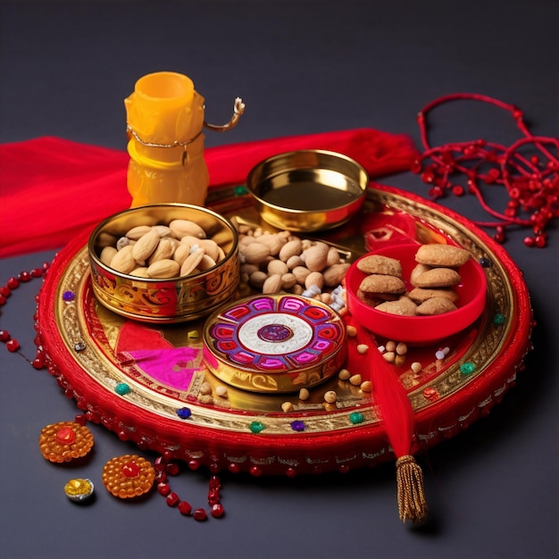 Raksha Bandhan Festival saluti concettuali Rakhi fatto usando un piatto pieno di frutta secca come caju pistachio mandorle con banda di fantasia e pooja Thali