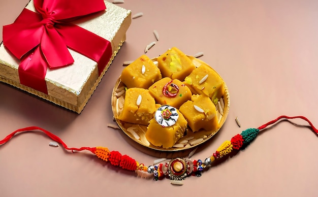 Raksha bandhan saluto rakhi e regalo con dolce o kaju katli e cereali di riso kumkum Ai generato