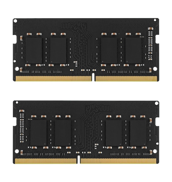 RAM per laptop SODIMM su uno sfondo bianco vista da due lati