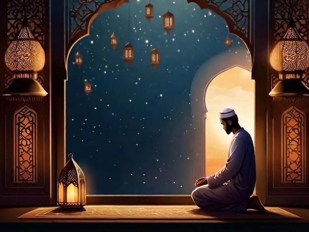 Ramadan e Eid Mubarak vettor saluto sfondo con un uomo che prega davanti alle finestre islamiche per banner Flyer social media stampa poster web