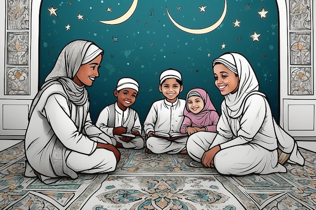 Ramadan felice bambini musulmani colorazione illustrazione