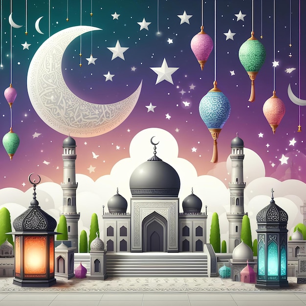 Ramadan Kareem biglietto di auguri celebrando Ramadan decorazioni con luna crescente inizia moschea tomba L