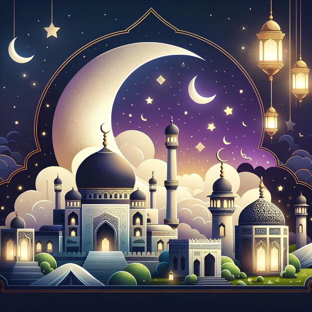 Ramadan Kareem biglietto di auguri celebrando Ramadan decorazioni con luna crescente inizia moschea tomba L