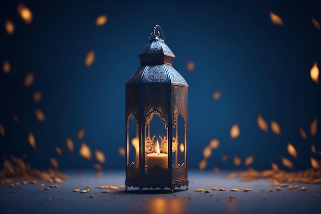 Ramadan kareem con lanterna araba ornamentale che brucia candela incandescente