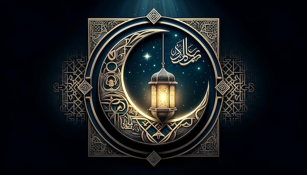 Ramadan kareem con una bella mezzaluna e una lanterna sullo sfondo