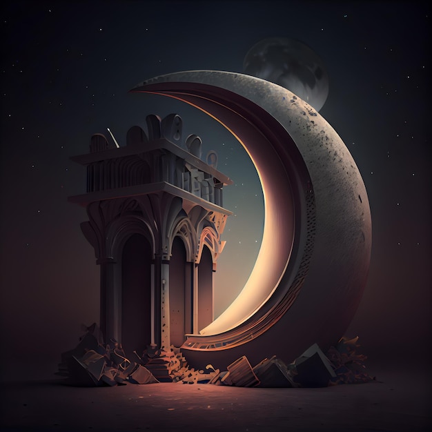 Ramadan Kareem Crescent Moon e Moschea 3D'illustrazione