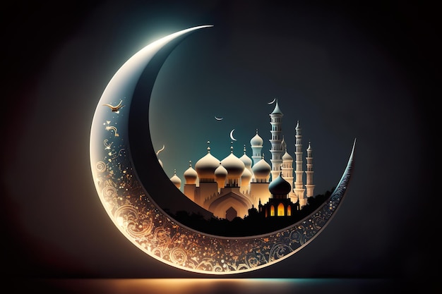 Ramadan kareem e ramadane mubarak splendente luna a mezzaluna squisita con moschea scolpita sullo sfondo notturno