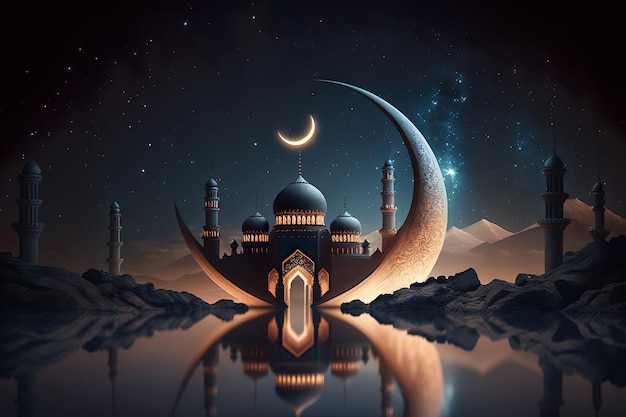 Ramadan kareem e ramadane mubarak splendente luna a mezzaluna squisita con moschea scolpita sullo sfondo notturno