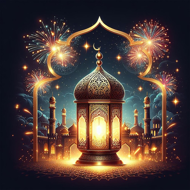 Ramadan Kareem Eid Mubarak lampada elegante reale con porta sacra della moschea con fuochi d'artificio