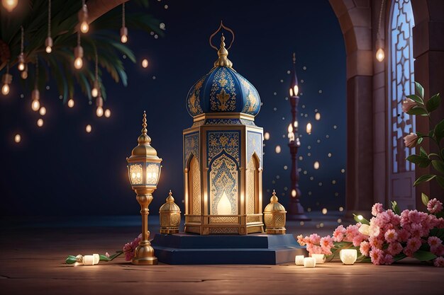 ramadan kareem eid mubarak lampada reale elegante con porta santa della moschea con fuochi d'artificio