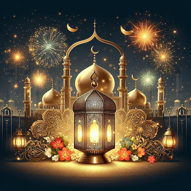 Ramadan Kareem Eid Mubarak reale lampada elegante con moschea porta sacra con fuochi d'artificio