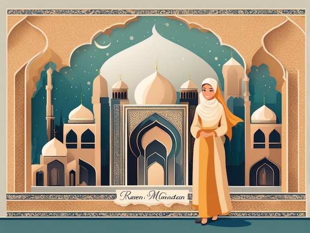 Ramadan Kareem Eid Mubarak Vettore carina illustrazione di una città musulmana con una moschea e una mezzaluna