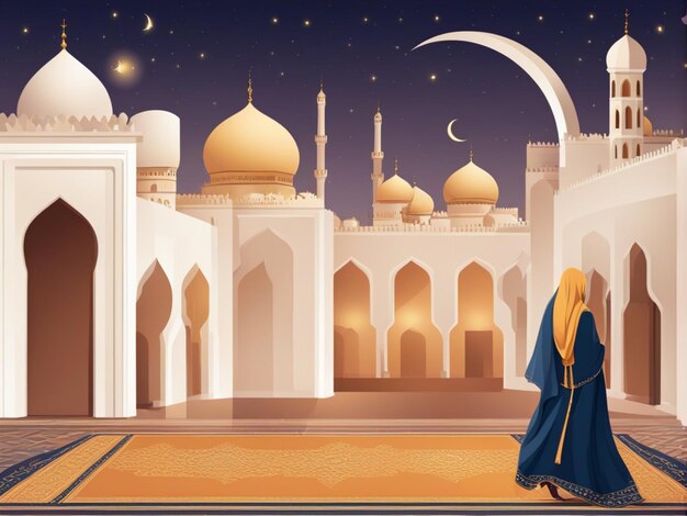 Ramadan Kareem Eid Mubarak Vettore carina illustrazione di una città musulmana con una moschea e una mezzaluna