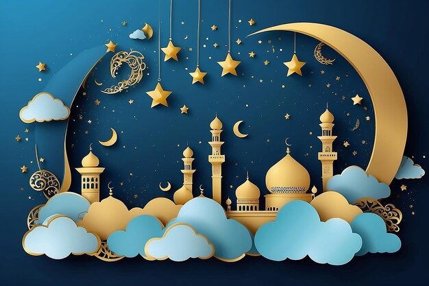 Ramadan Kareem Header di vendita orizzontale o modello di buono con luna d'oro 3d taglio di carta nuvole e stelle sul cielo notturno sfondo blu