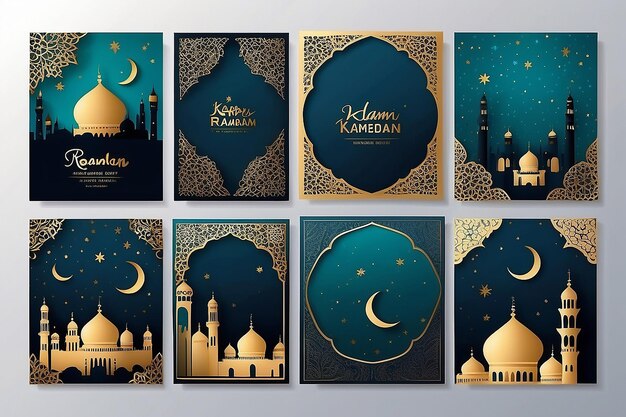 Ramadan Kareem Islamic Greeting Card Set per poster di carta da parati e banner multimediali Illustrazioni vettoriali