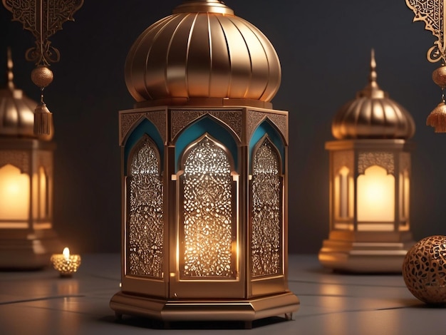 Ramadan Kareem lanterne di lusso arabe e eleganti ornamenti moschea 3D con uno sfondo luminoso