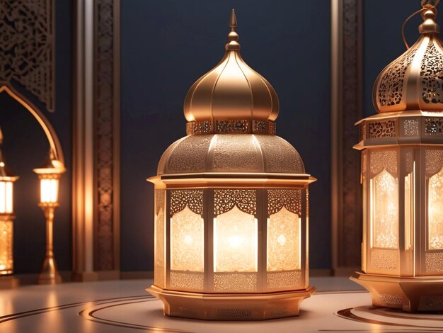 Ramadan Kareem lanterne di lusso arabe e eleganti ornamenti moschea 3D con uno sfondo luminoso