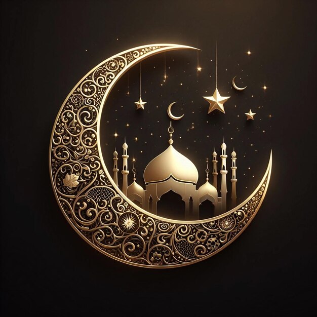 Ramadan Kareem Luna crescente islamica sfondo decorazione oro nero 3d rendering Ai generativo