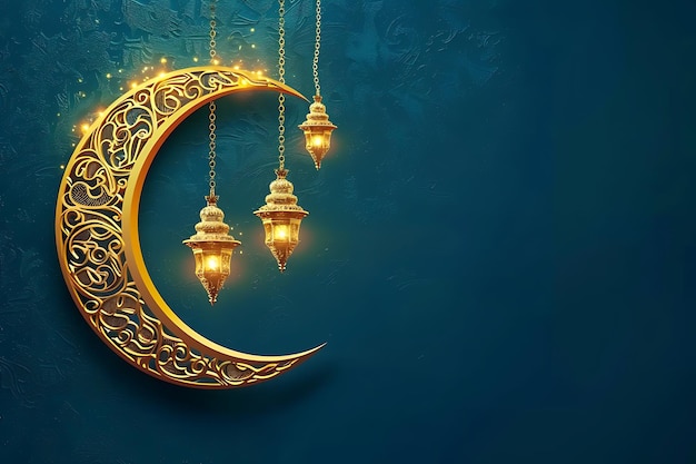 Ramadan kareem luna decorativa con lampade appese sfondo carta