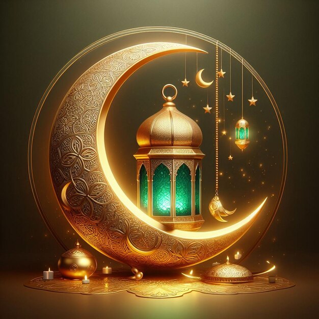 Ramadan Kareem mezzaluna dorata luna lanterna verde