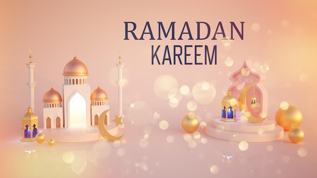 Ramadan kareem rendering 3d con lanterna tradizionale turca e moschea su sfondo rosa