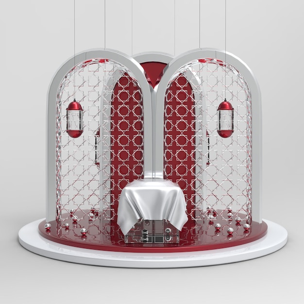ramadan kareem sfondo 3d con cannone arabo e oggetti decorativi islamici, rendering 3D
