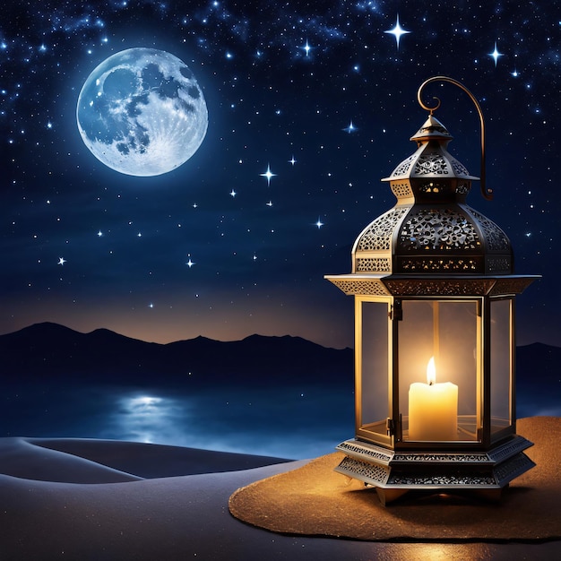 Ramadan Kareem sfondo Blue Greeting Card per le vacanze musulmane Ramadan con Luna Lanterna stellata d'oro