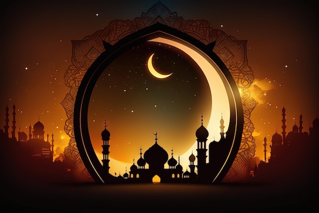 Ramadan Kareem sfondo con grande mezzaluna splendente e stelle e una vista al tramonto di una moschea Celebrazione ilsamica araba Illustrazione astratta ai generativa